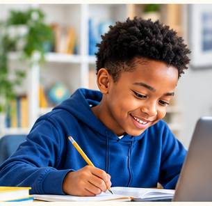 A child working confidently with a laptop and workbook