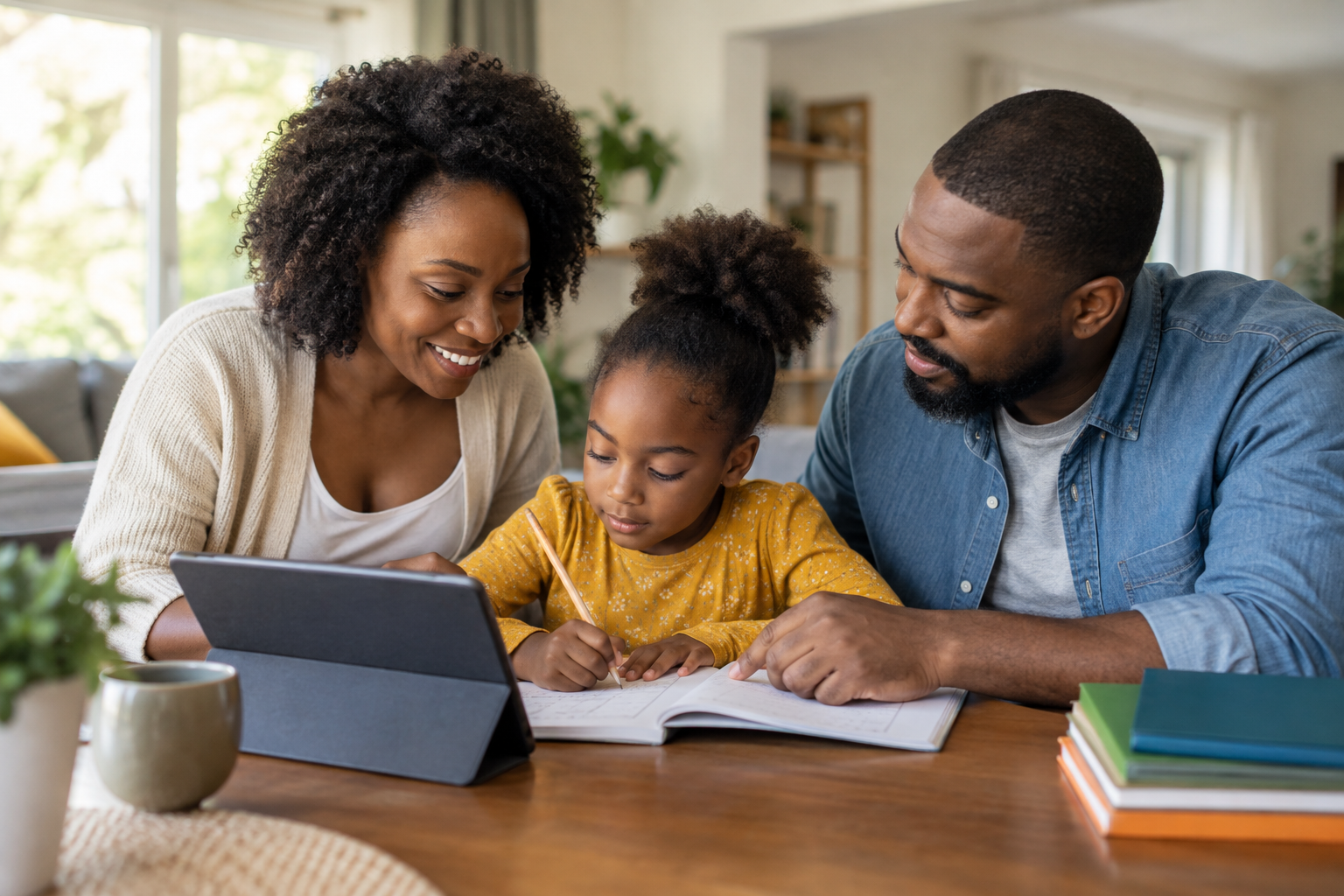 A mother and father supporting their child with learning at home