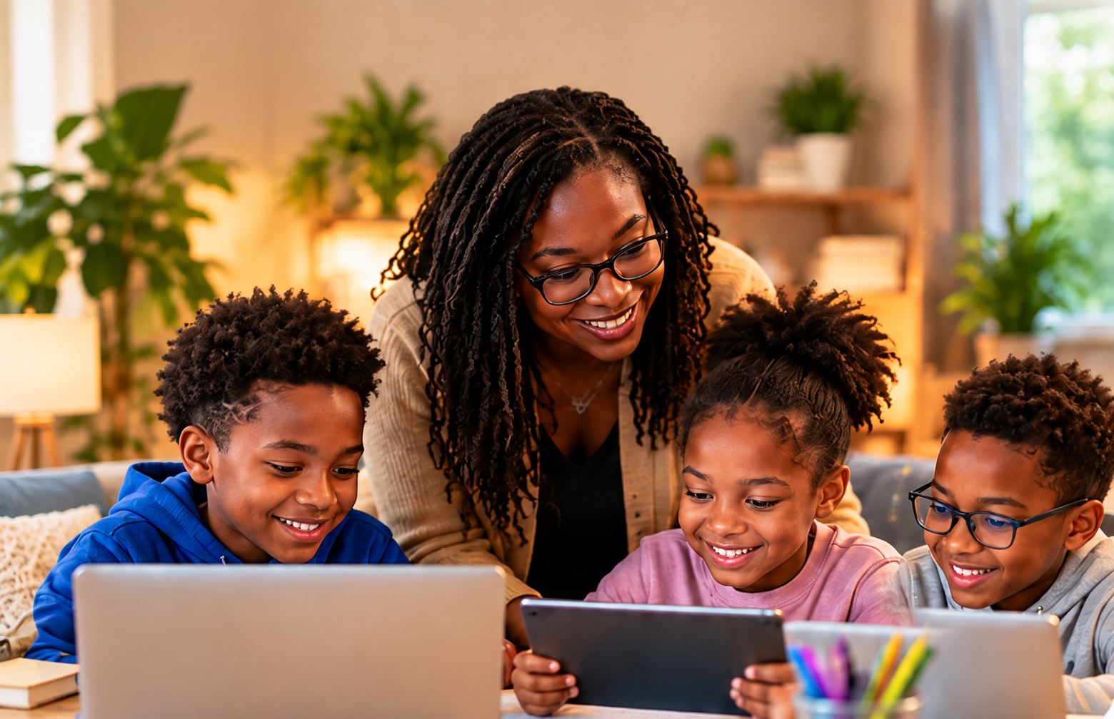 A tutor supporting three children with learning activities