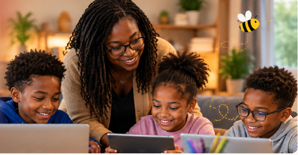 A tutor supporting three children using learning devices